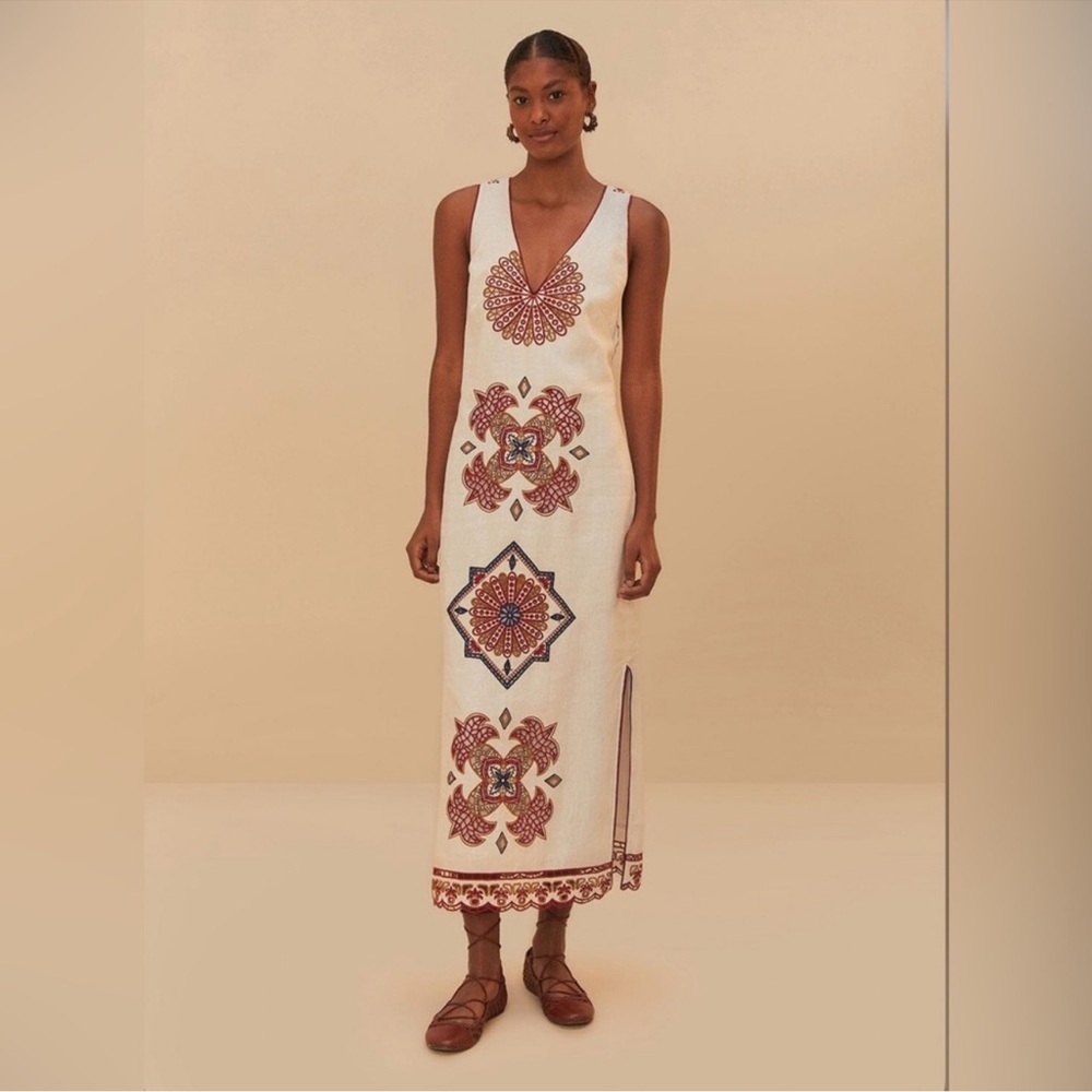 Farm Rio Farm Rio Off-White Marys Tiles Richelieu Midi Dress